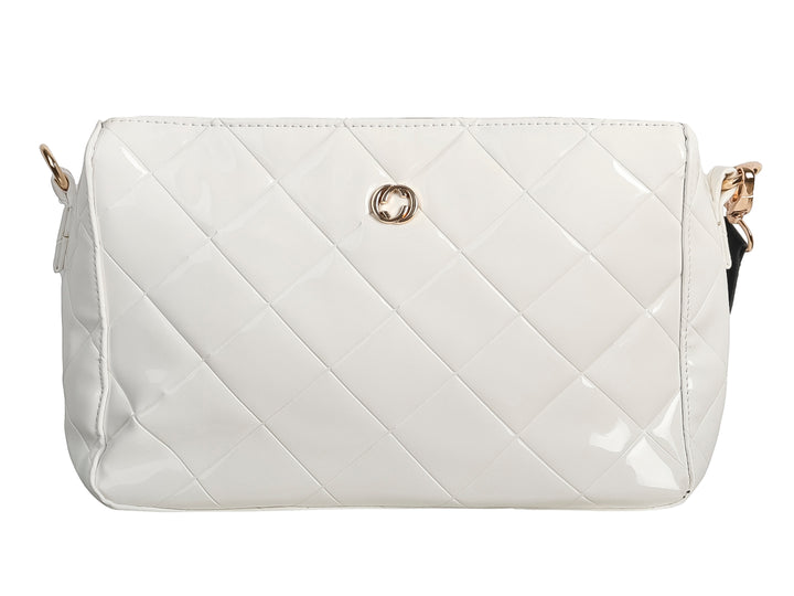 Bolsa Ferretina blanca con acabado brillante y diseño acolchado.