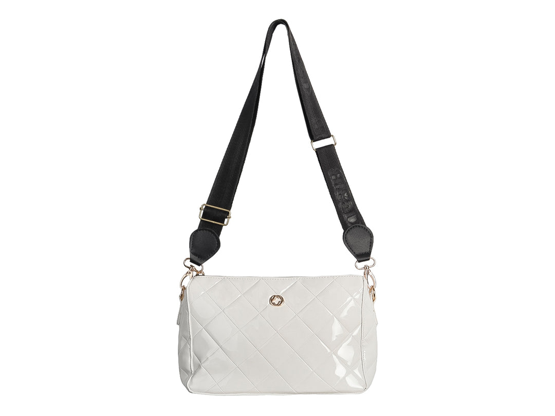 Bolsa Ferretina blanca con acabado brillante y diseño acolchado.