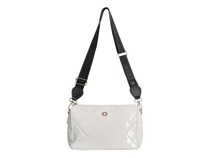 Bolsa Ferretina blanca con acabado brillante y diseño acolchado.