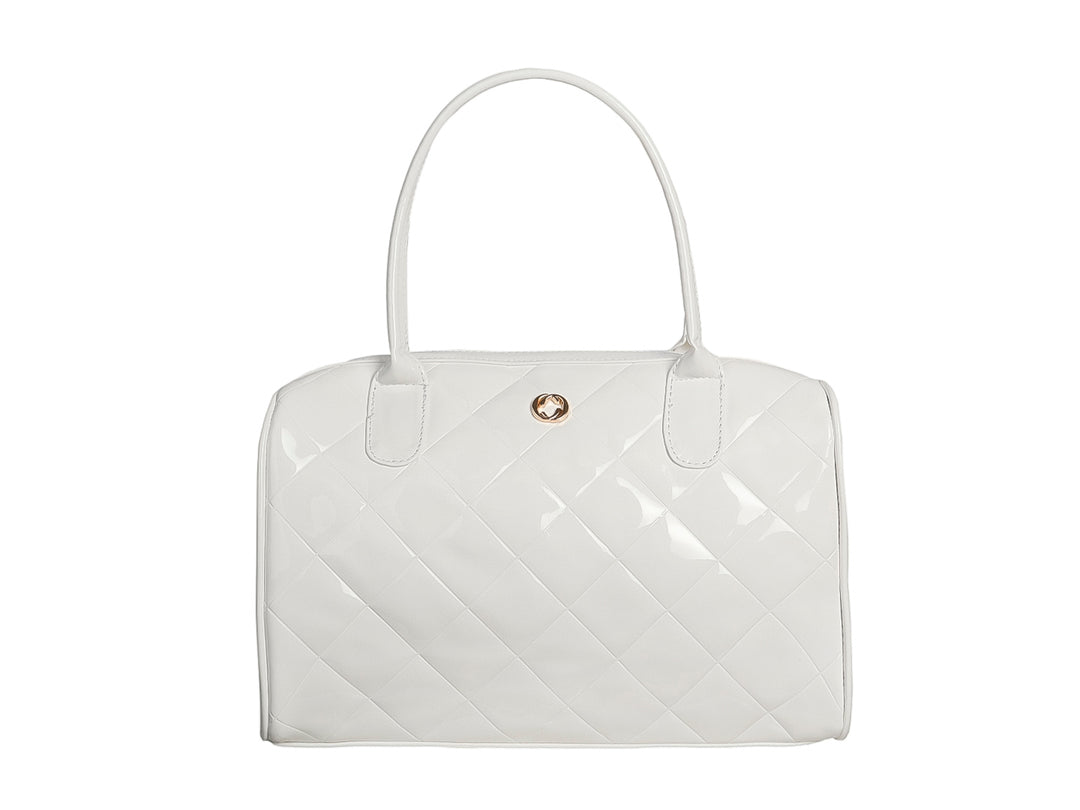 Bolso de hombro Ferretina color blanco con textura acolchada y acabado brillante.