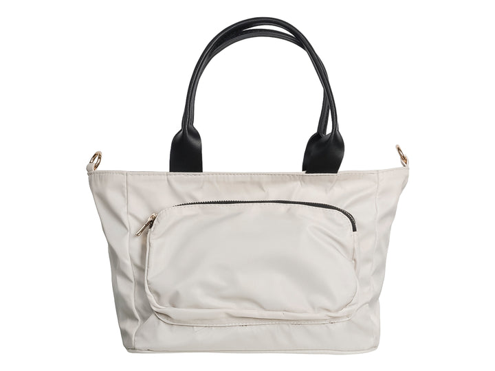 Bolsa de hombro Ferretina color latte con asas negras y bolsillo frontal con cierre.