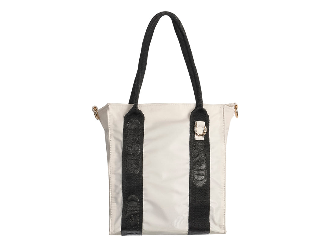 Bolsa de hombro Ferretina en color latte con asas y detalles laterales en color negro.