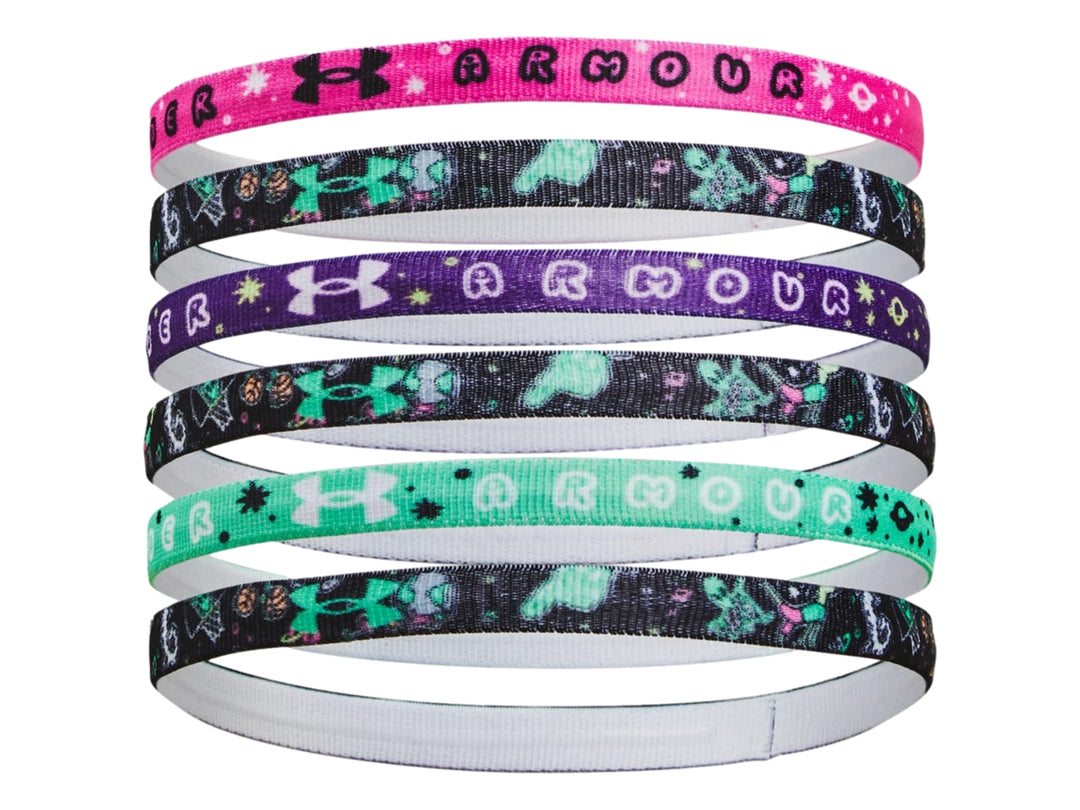 Set de 6 diademas deportivas Under Armour en colores rosa, morado, verde y negro con gráficos.