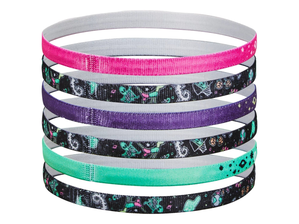 Set de 6 diademas deportivas Under Armour en colores rosa, morado, verde y negro con gráficos.