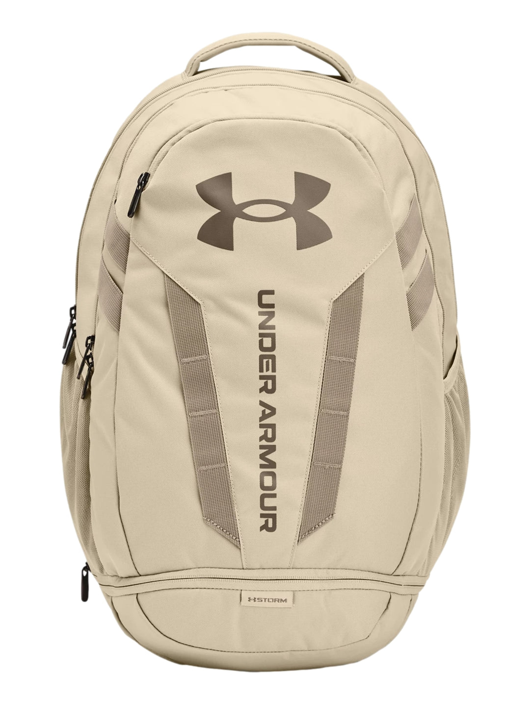Mochila Under Armour UA Hustle 5.0 en color khaki con logotipo frontal y detalles en taupe.