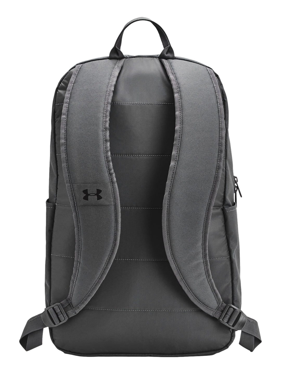 Mochila deportiva Under Armour en color gris oscuro con detalles en verde neón y logo frontal.
