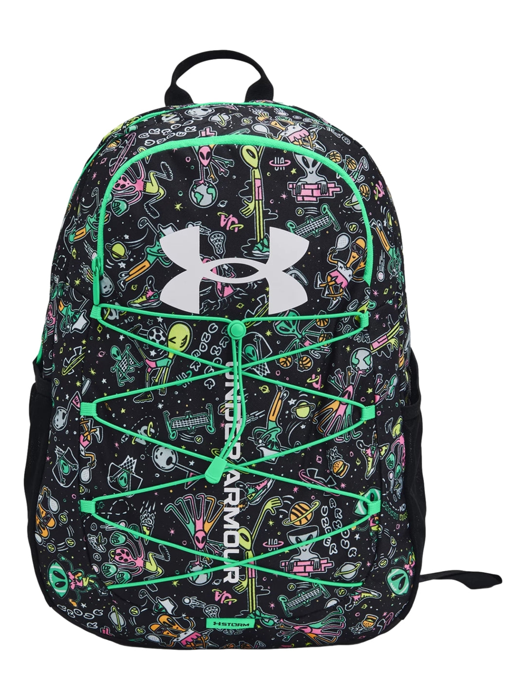 Mochila Under Armour Hustle Sport con estampado multicolor de alienígenas y detalles en verde neón sobre fondo negro.