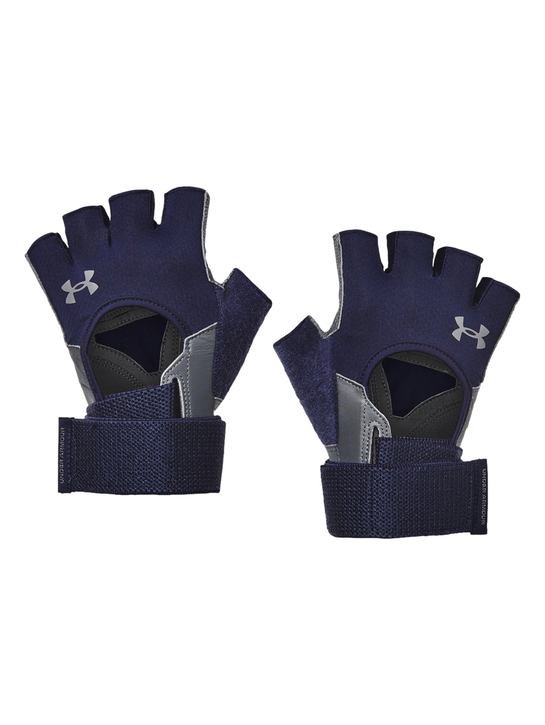 Par de guantes deportivos Under Armour en color azul marino y gris, diseñados para levantamiento de pesas.