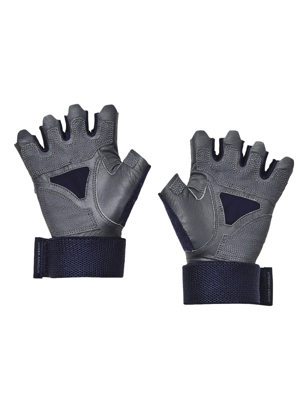 Par de guantes deportivos Under Armour en color azul marino y gris, diseñados para levantamiento de pesas.