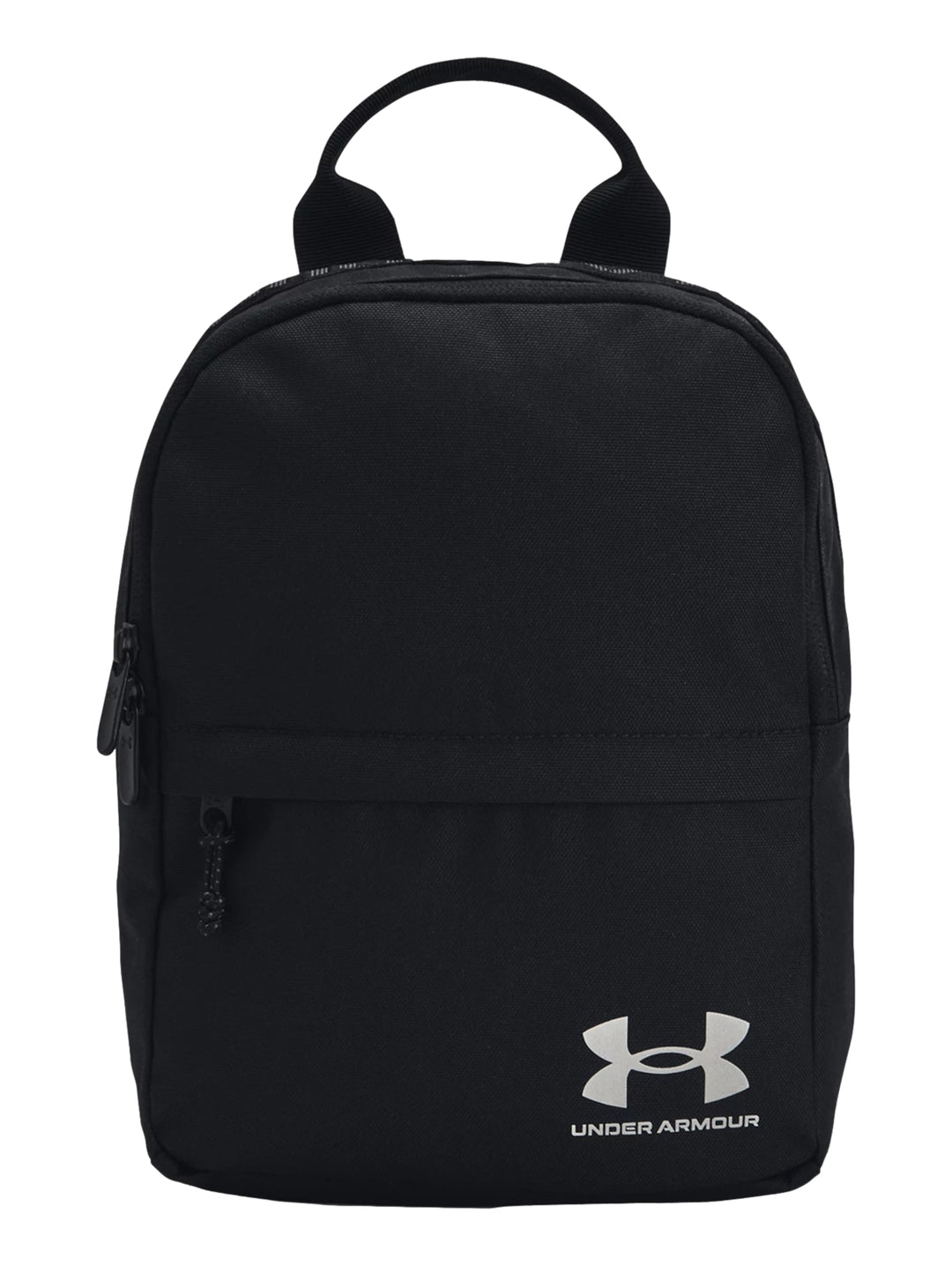Mochila mini Under Armour de color negro con logotipo reflectante en la parte inferior frontal.