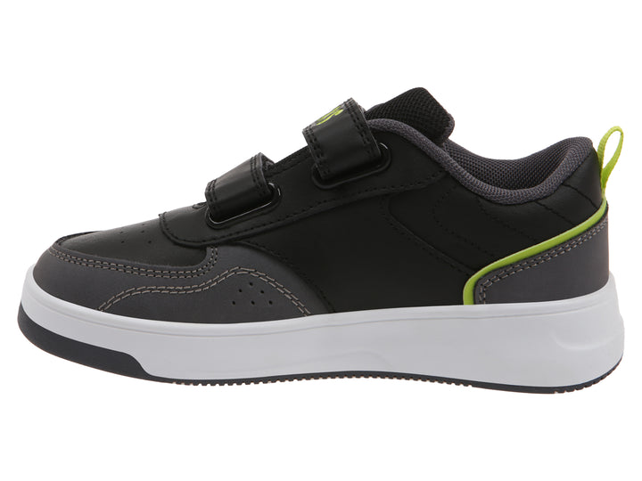 Tenis K-Swiss color gris oscuro con detalles en verde lima y suela blanca para niño.