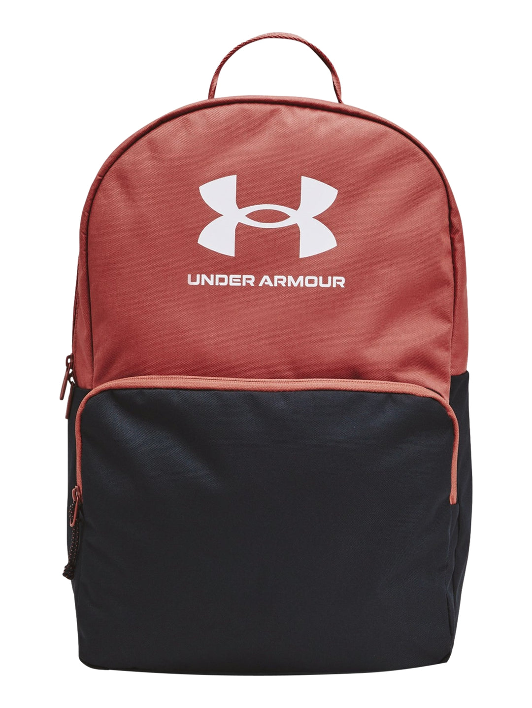 Mochila Under Armour de dos colores, parte superior en rojo Sedona y parte inferior en negro antracita.