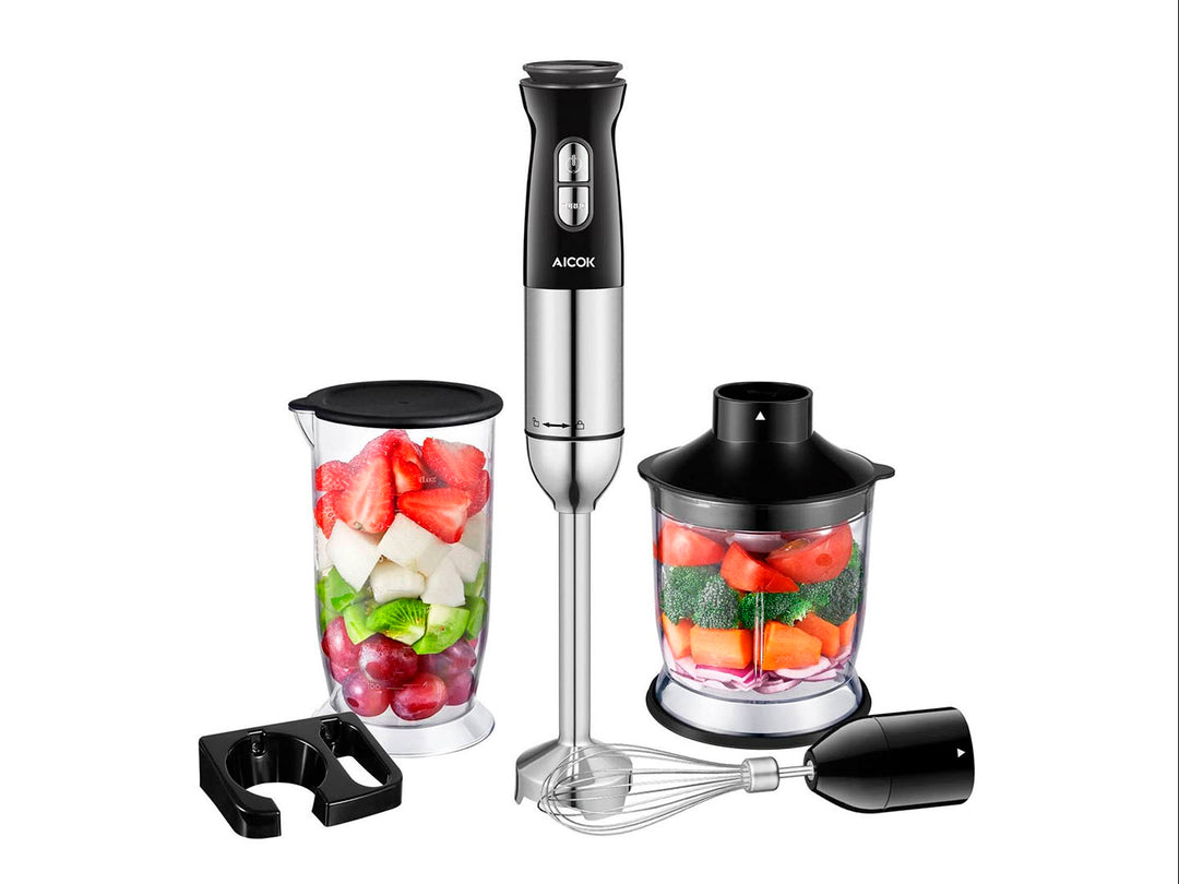 Combo de batidora de inmersión AICOK en color negro y plata con procesador de alimentos, vaso y batidor.