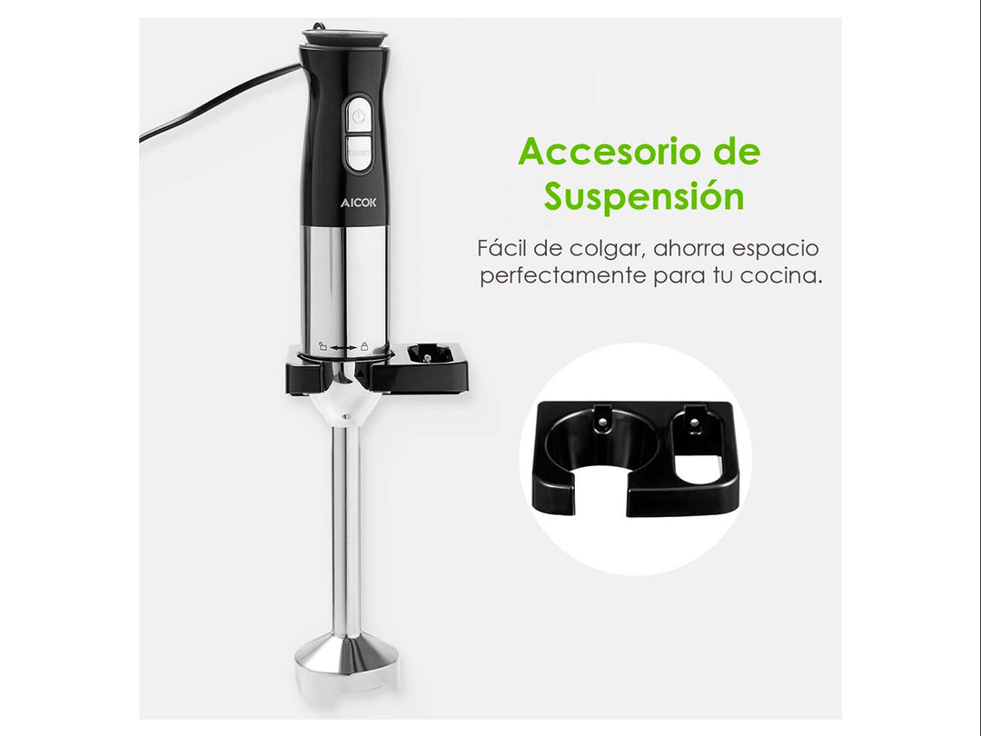 Combo de batidora de inmersión AICOK en color negro y plata con procesador de alimentos, vaso y batidor.