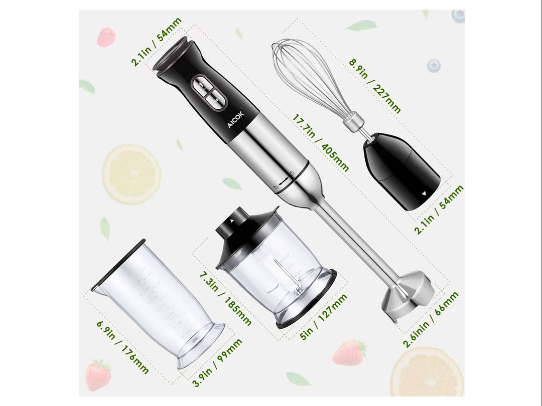 Combo de batidora de inmersión AICOK en color negro y plata con procesador de alimentos, vaso y batidor.