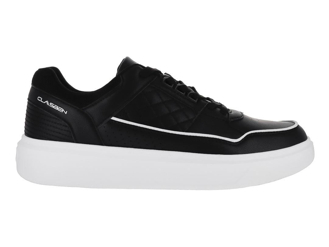 Tenis casuales Clasben color negro con suela blanca gruesa y detalles de costura.