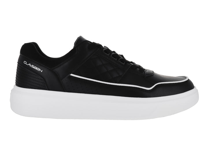 Tenis casuales Clasben color negro con suela blanca gruesa y detalles de costura.