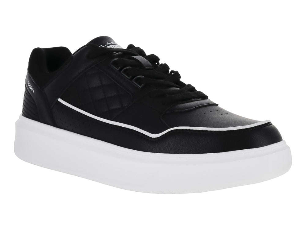 Tenis casuales Clasben color negro con suela blanca gruesa y detalles de costura.