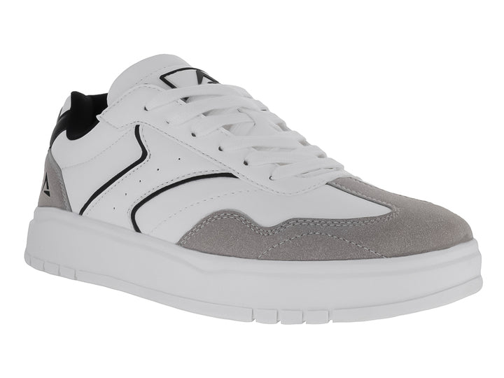 Tenis blancos con detalles en gris y negro y suela blanca ancha.