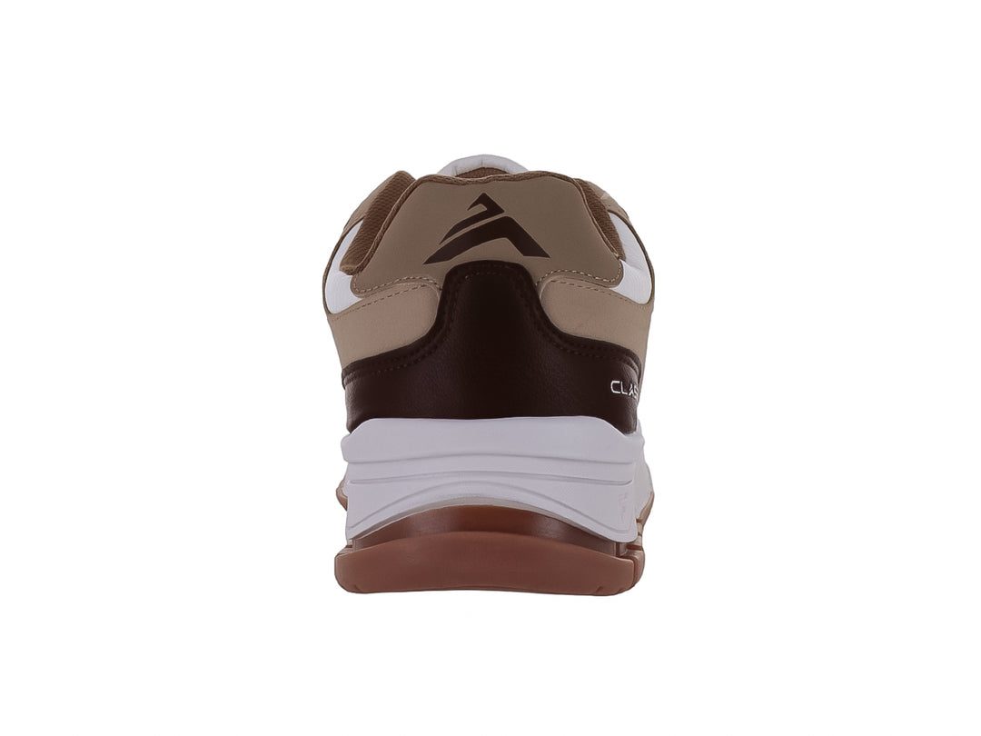 Tenis casuales Clasben en colores beige y blanco con detalles en marrón y suela blanca.