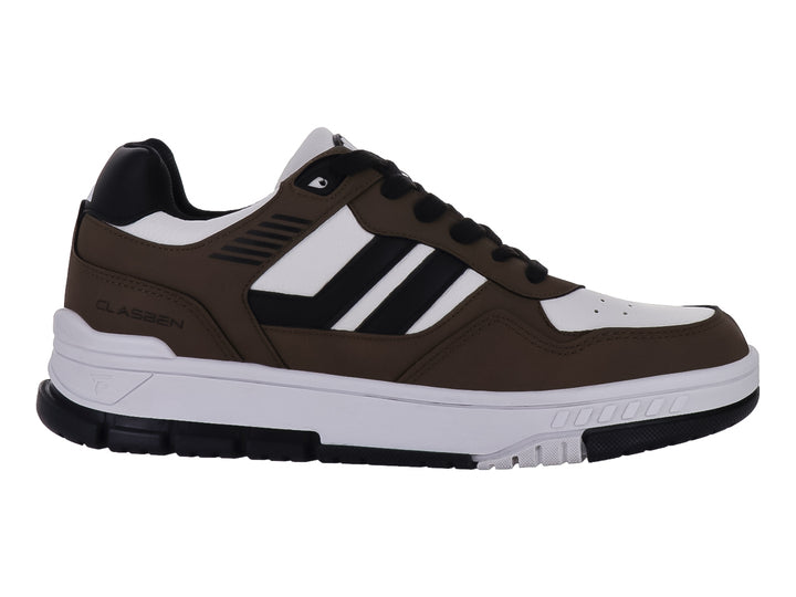 Tenis Clasben Bowery en color blanco militar con detalles en negro y suela blanca.