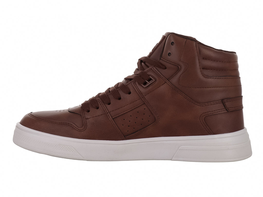 Tenis tipo bota color café con suela blanca para niño.