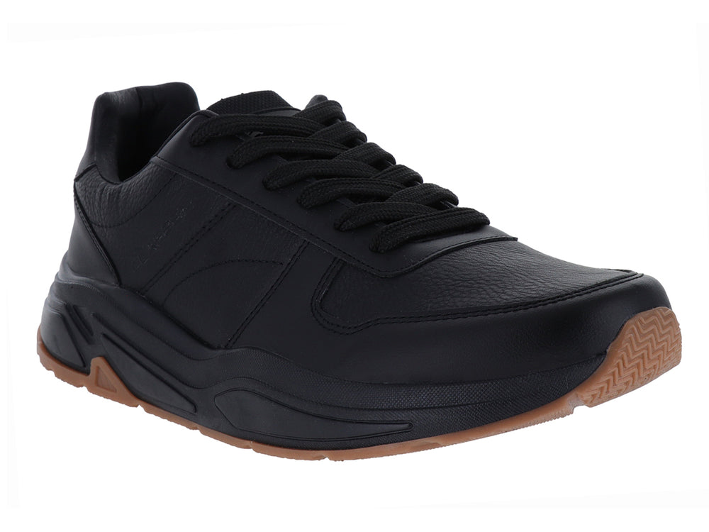 Tenis deportivos Clasben Byron en color negro con suela marrón, diseño moderno y cierre de cordones.