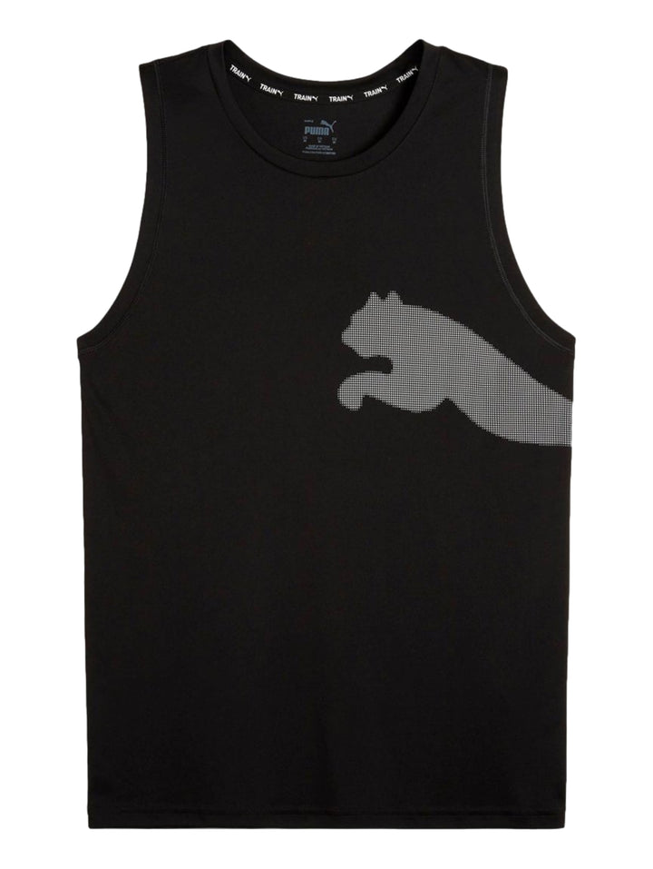 Camiseta sin mangas PUMA color negro con logo Big Cat en gris en el costado derecho.