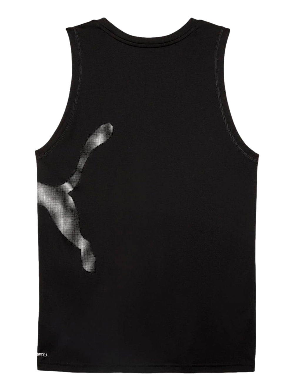 Camiseta sin mangas PUMA color negro con logo Big Cat en gris en el costado derecho.