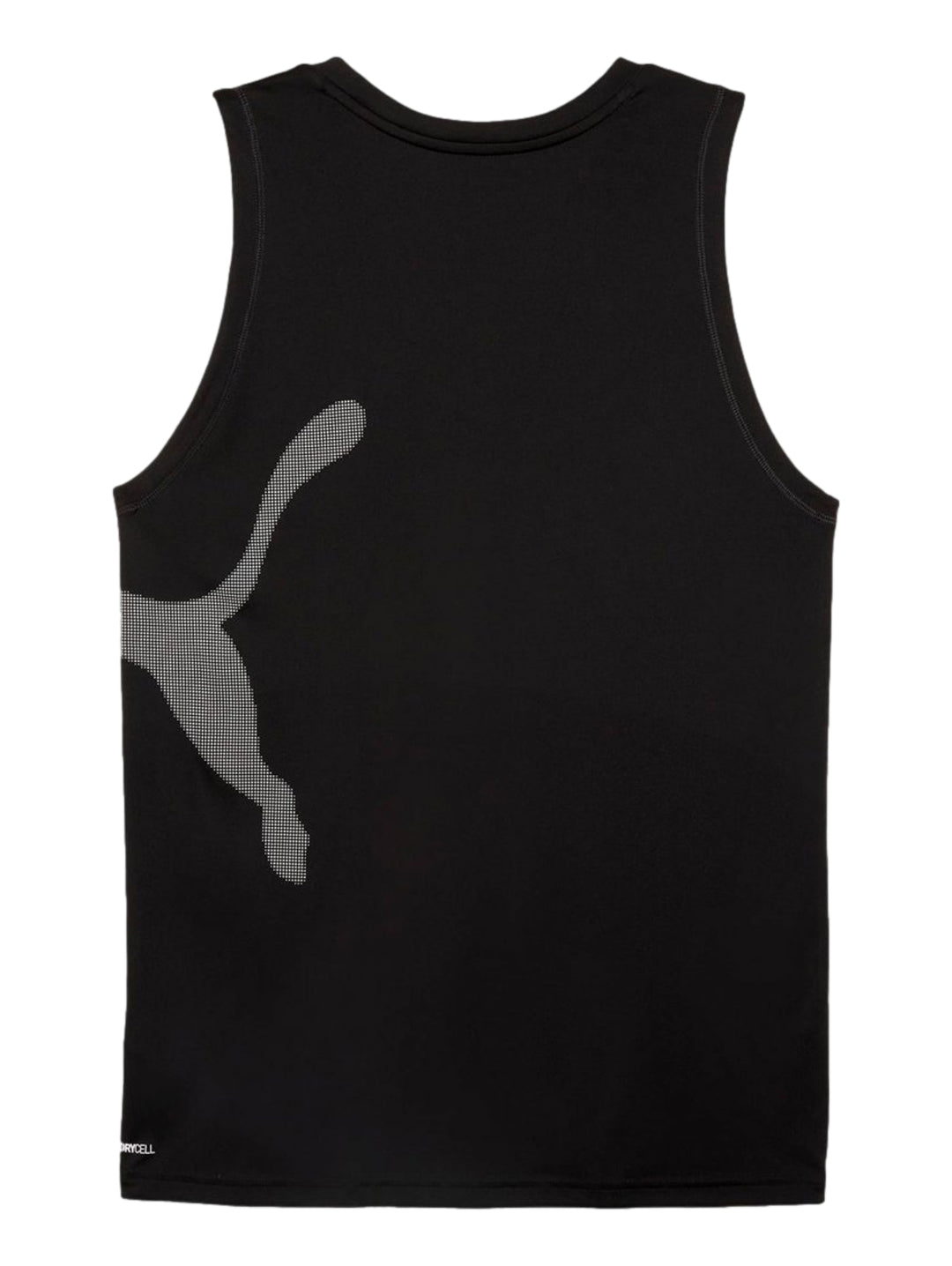 Camiseta sin mangas PUMA color negro con logo Big Cat en gris en el costado derecho.