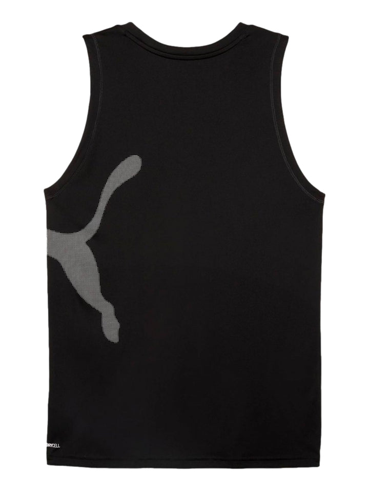 Camiseta sin mangas PUMA color negro con logo Big Cat en gris en el costado derecho.