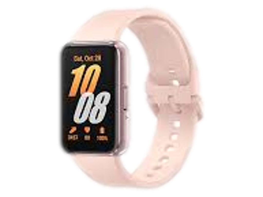Reloj inteligente Samsung Galaxy de color rosa con pantalla digital rectangular.