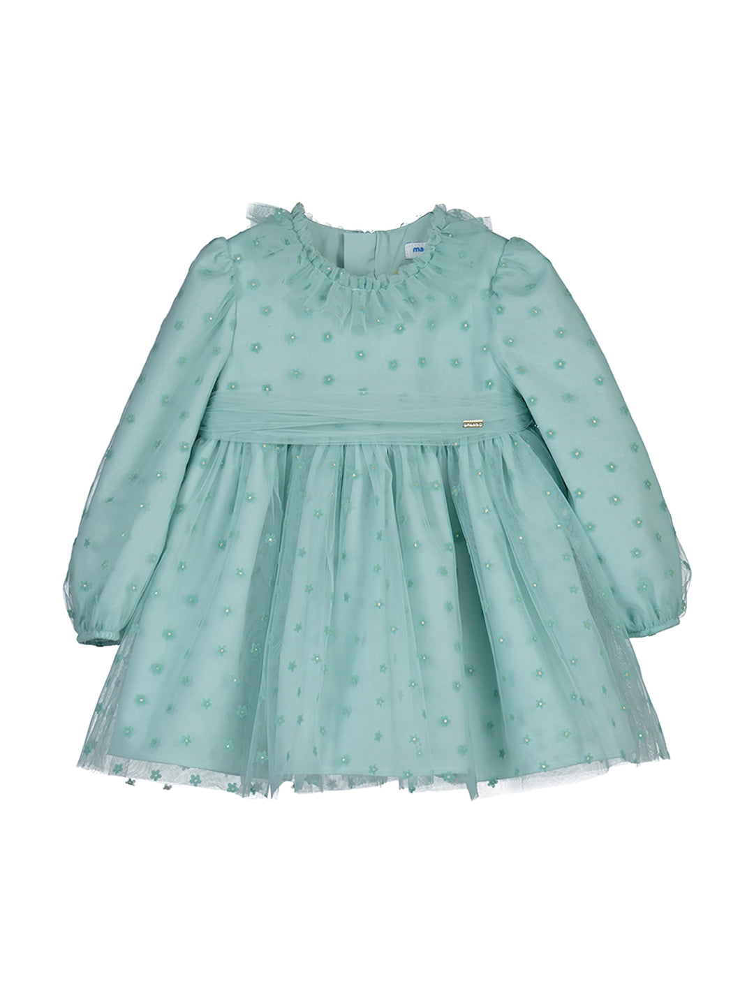 Vestido infantil color jade de tul con mangas largas y detalles florales.