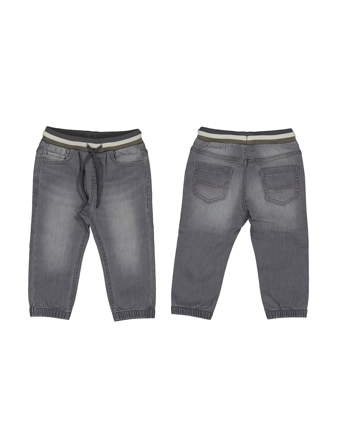 Pantalón jogger para bebé en color gris claro con cintura elástica y puños ajustados.