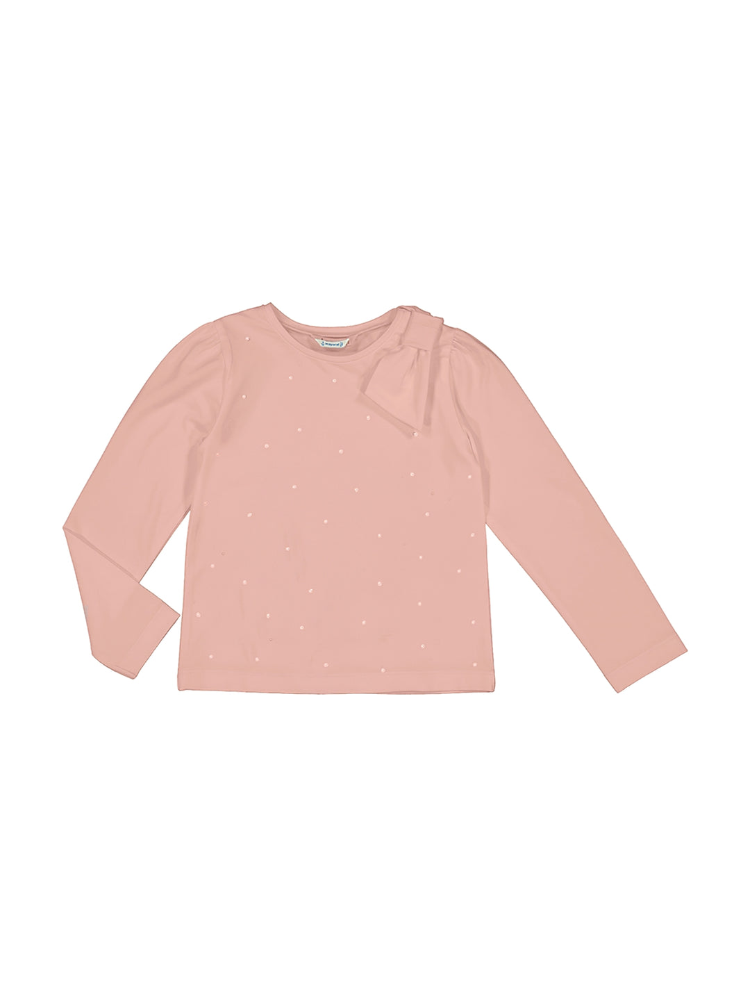Camiseta manga larga color rosado con lunares blancos y un lazo decorativo en el hombro.