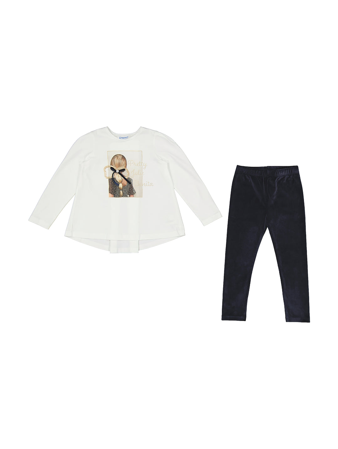 Conjunto de ropa infantil con camiseta blanca estampada y leggings de terciopelo color marino.