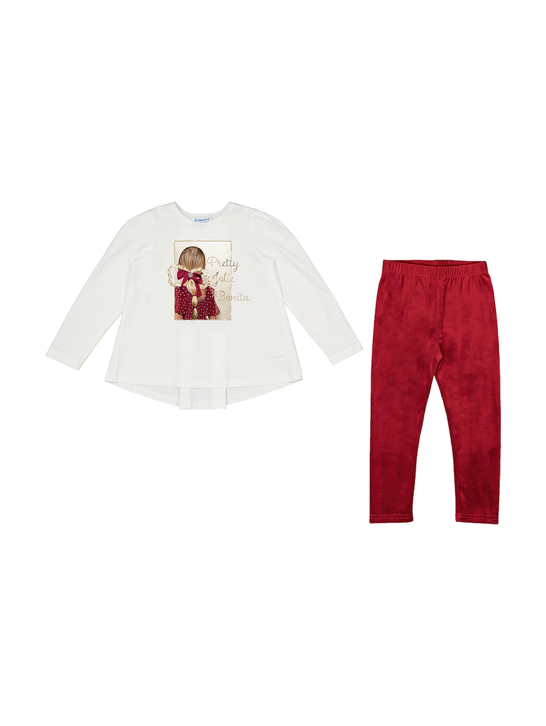 Conjunto infantil Mayoral con camiseta blanca estampada y leggings color guinda de terciopelo.