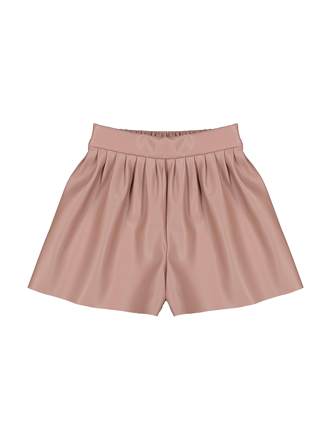 Short rosado de polipiel para niña con cintura elástica y diseño plisado.