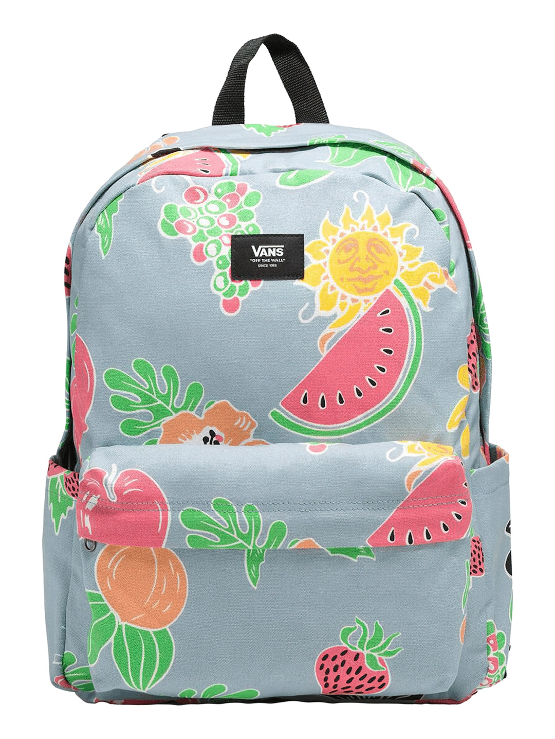 Mochila Vans color azul grisáceo con estampado colorido de frutas y un sol, con bolsillo frontal y asa negra.