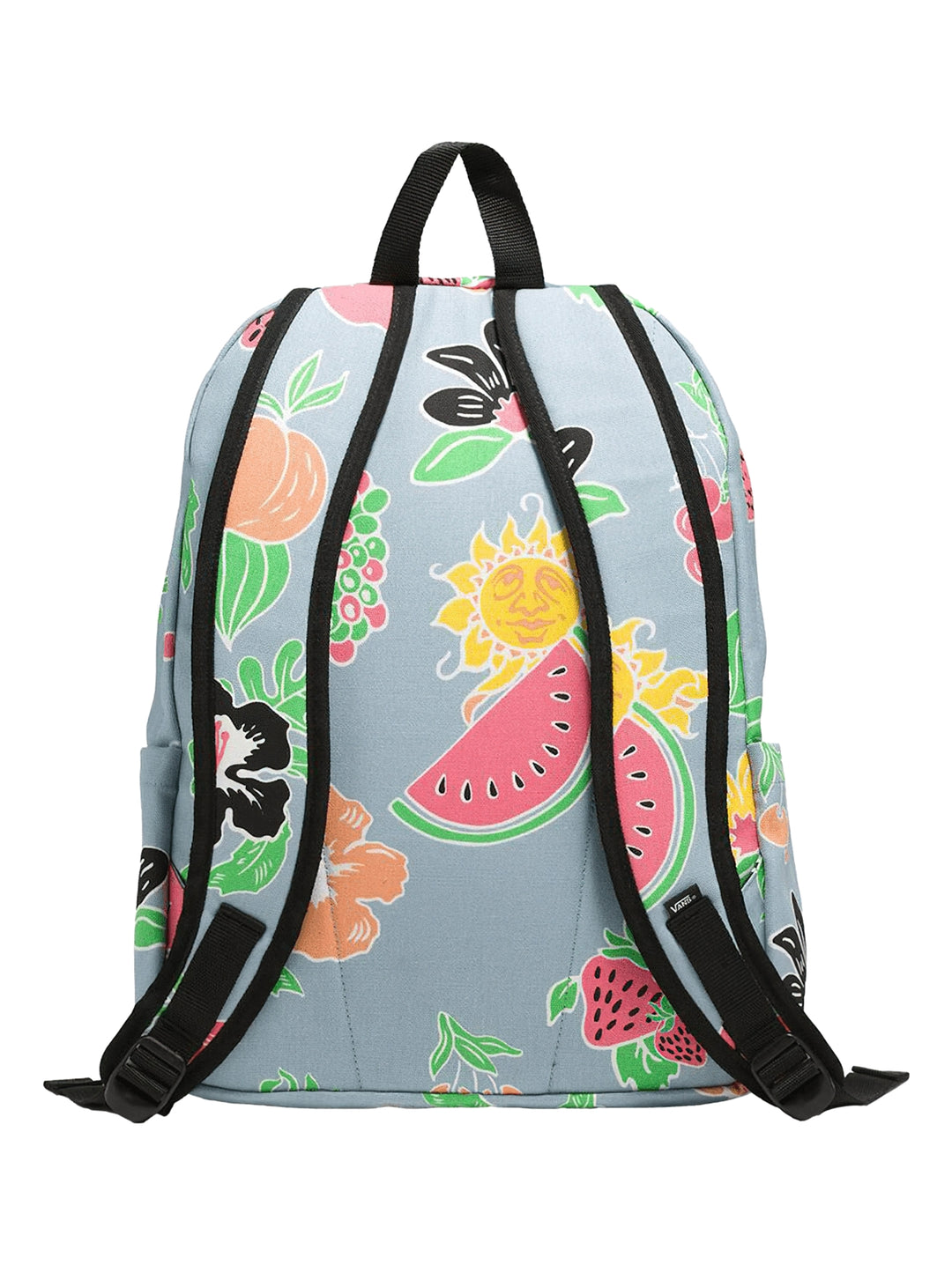 Mochila Vans color azul grisáceo con estampado colorido de frutas y un sol, con bolsillo frontal y asa negra.
