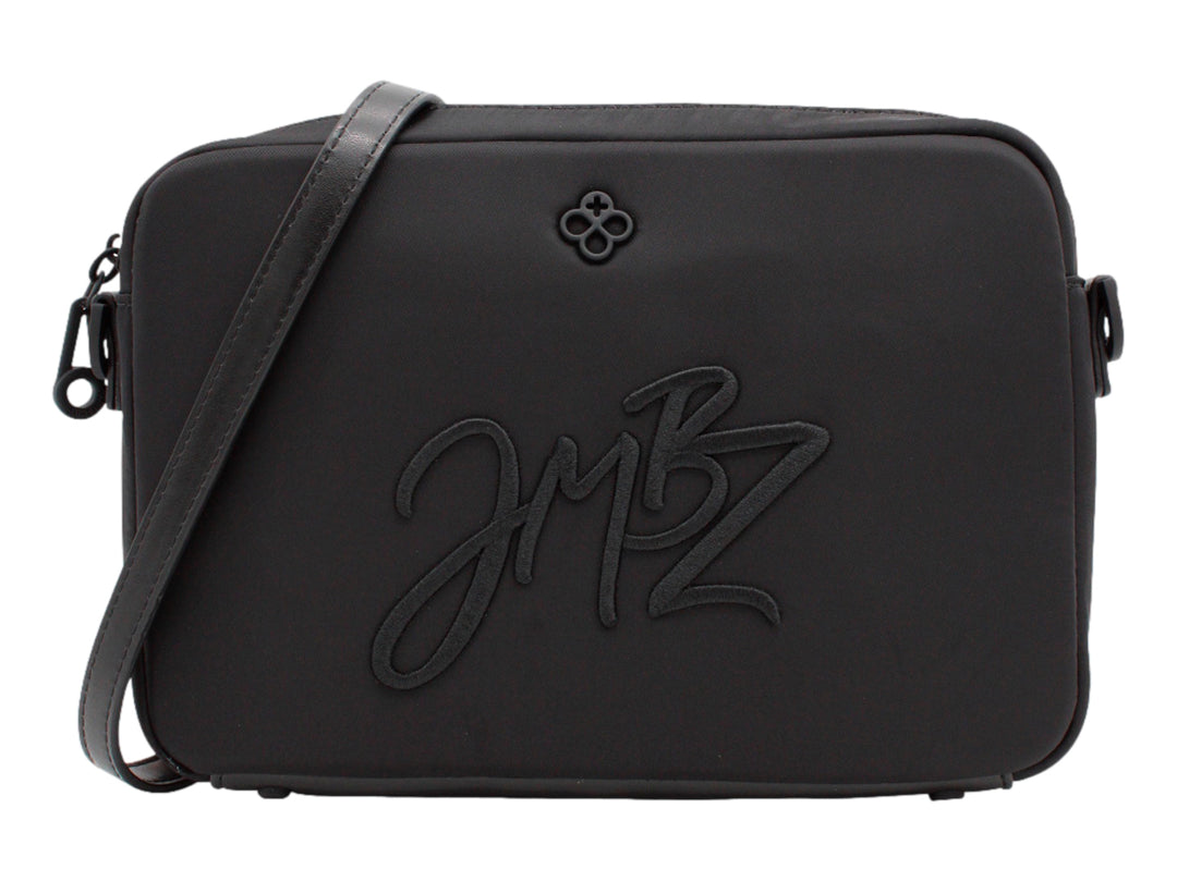 Bolso de hombro Jaime Ibiza color negro con logotipo JMBZ en relieve y correa larga.