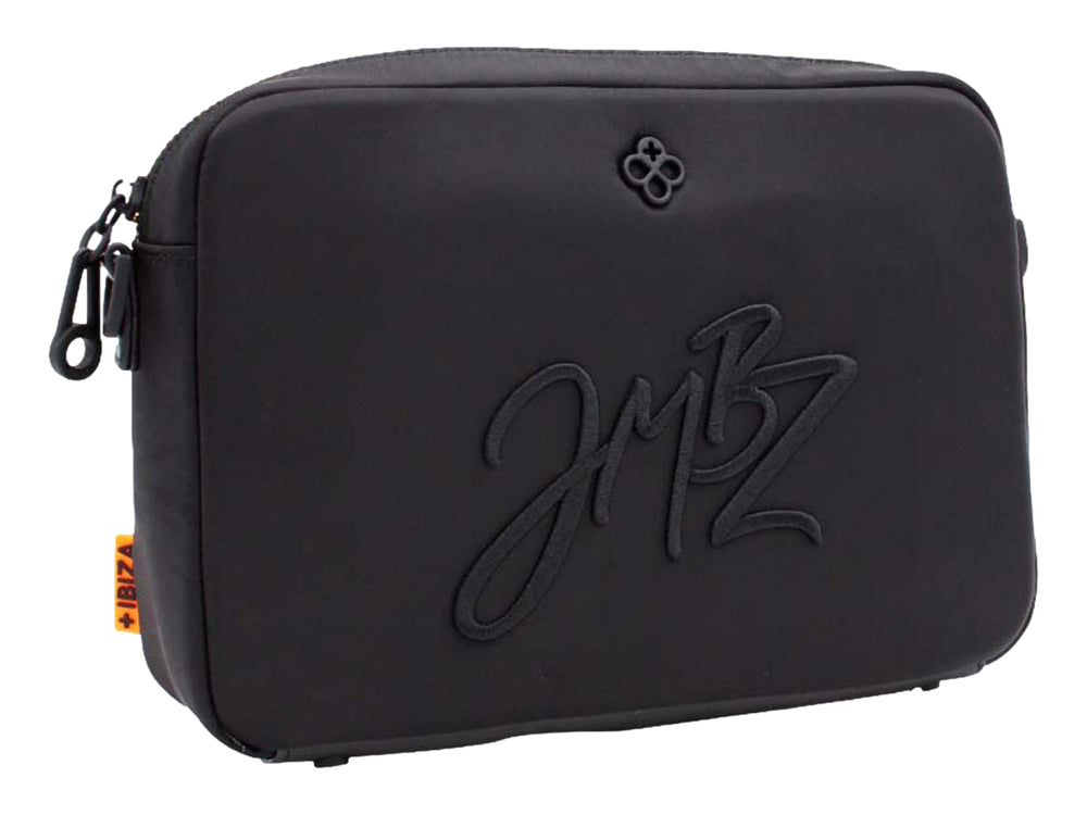 Bolso de hombro Jaime Ibiza color negro con logotipo JMBZ en relieve y correa larga.