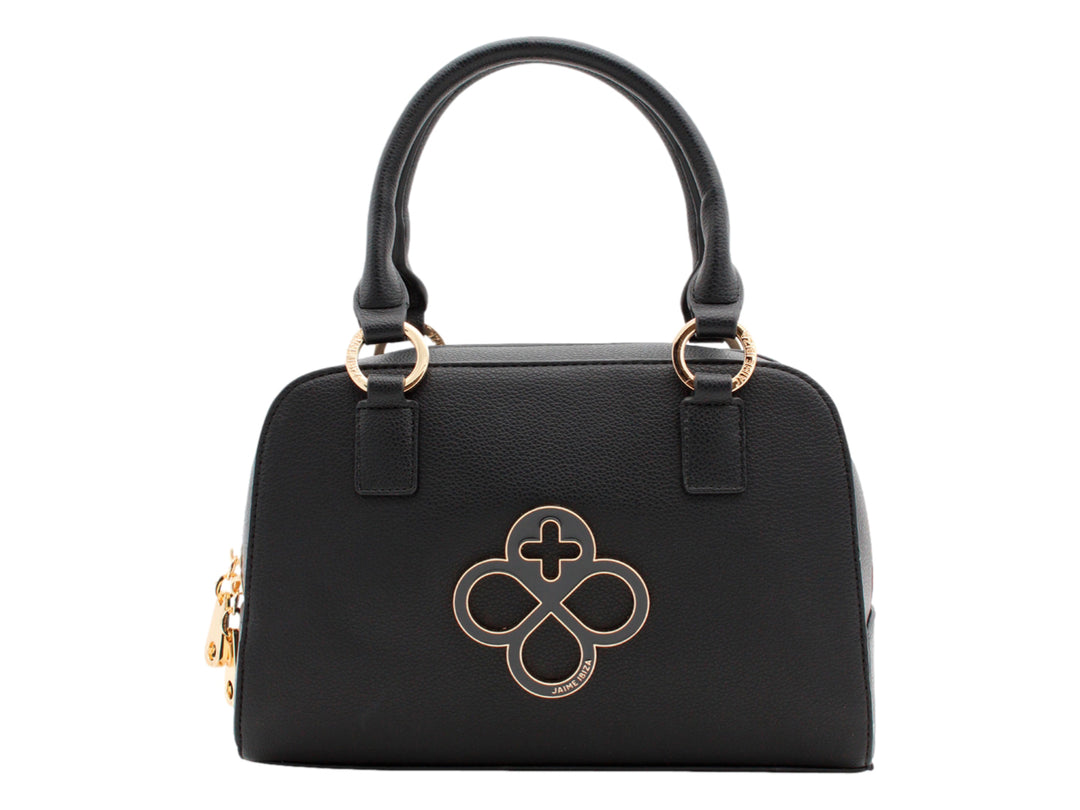 Bolso negro de Jaime Ibiza con asa superior y detalles metálicos en color dorado.