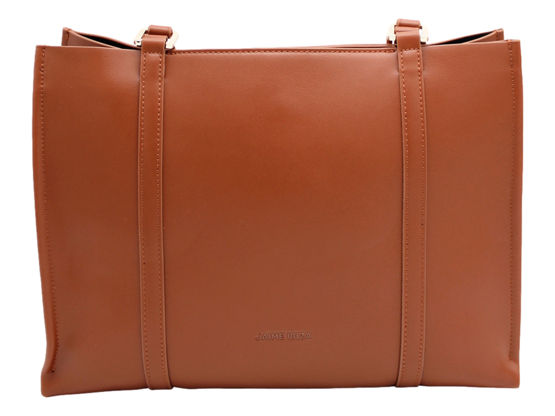 Bolso de hombro Jaime Ibiza en color tabaco con correa ancha beige y acabado liso.