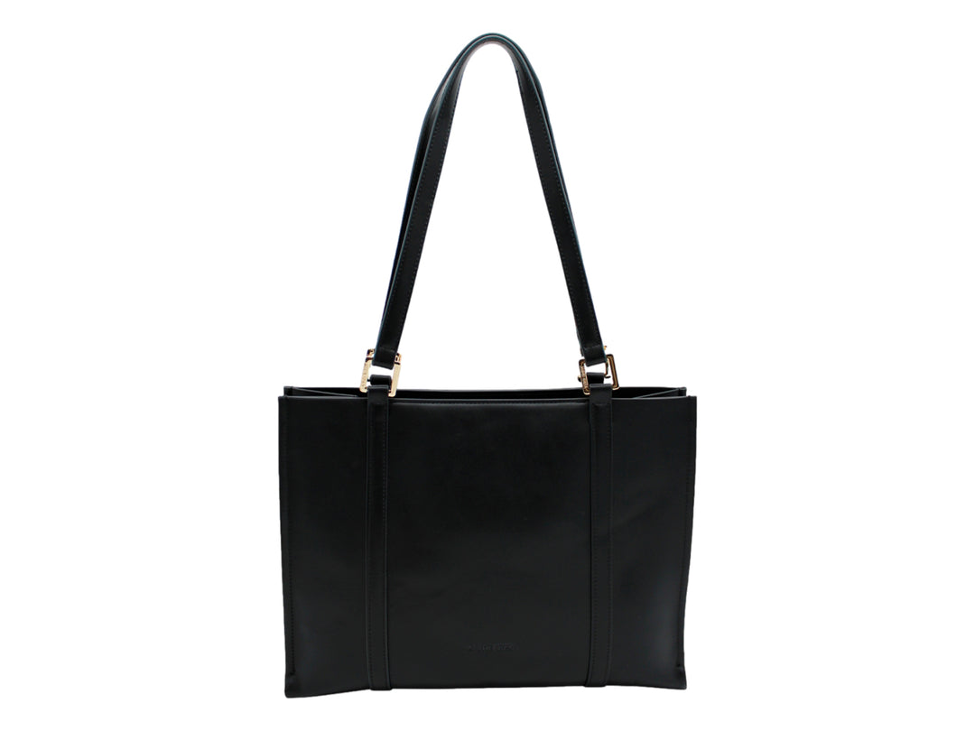 Bolso de hombro Jaime Ibiza color negro con asas largas, correa ajustable y detalles en metal dorado.