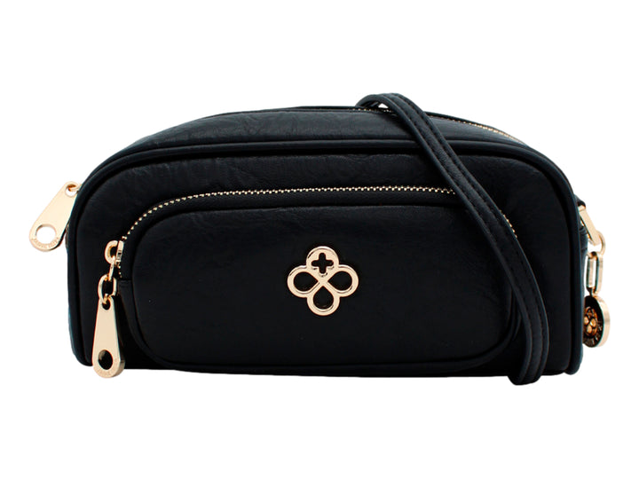 Bolso de hombro pequeño color negro con detalles y cierres en tono dorado y logotipo frontal metálico.