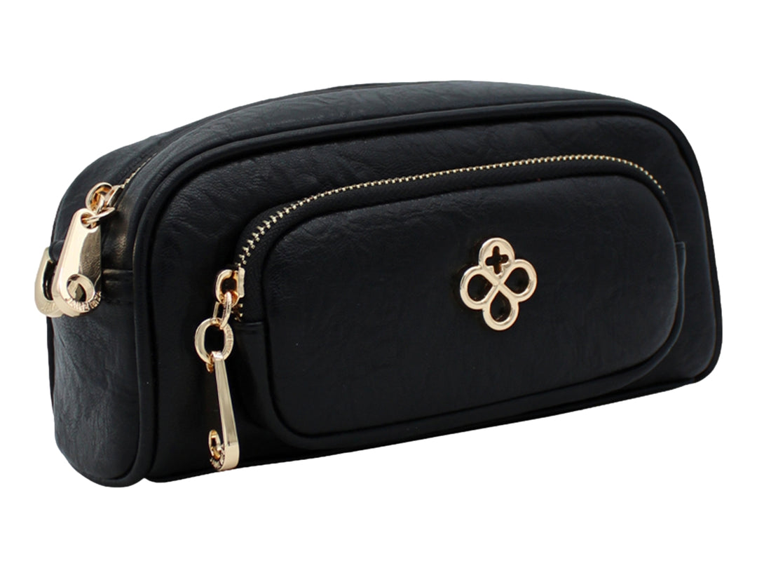 Bolso de hombro pequeño color negro con detalles y cierres en tono dorado y logotipo frontal metálico.