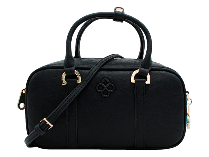 Bolso negro de Jaime Ibiza con asas superiores, correa ajustable y detalles metálicos dorados.