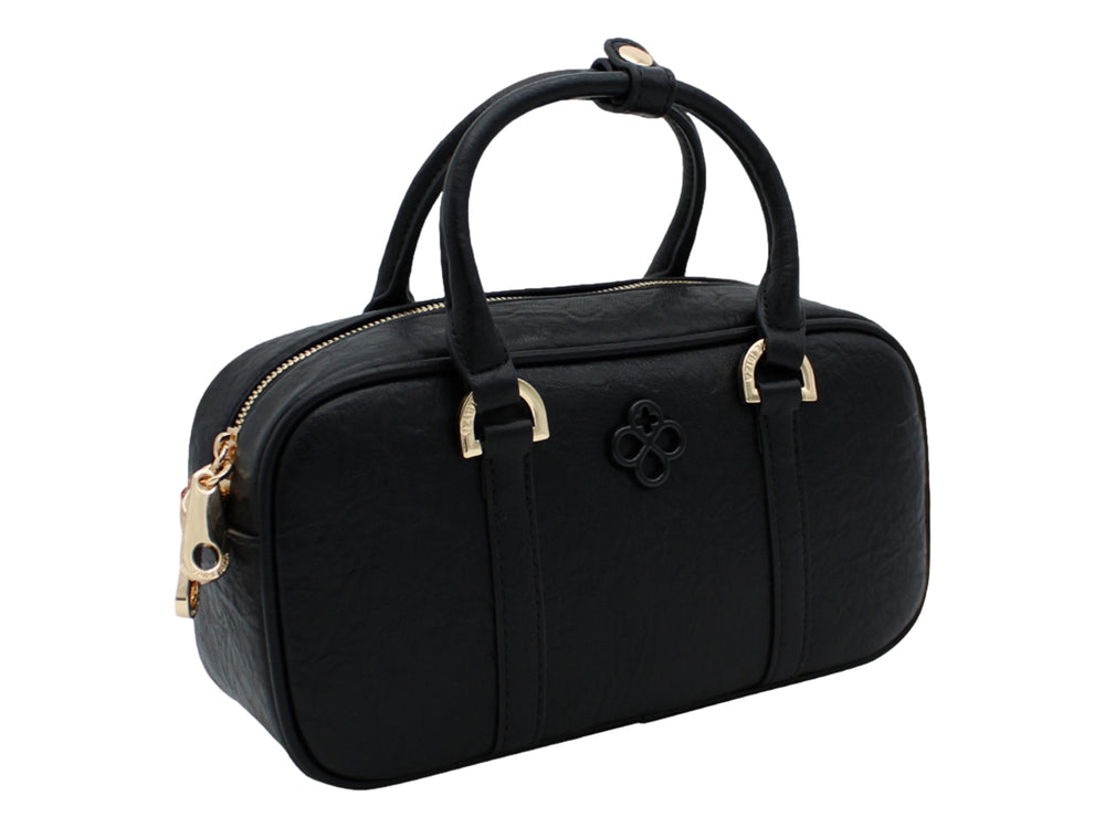 Bolso negro de Jaime Ibiza con asas superiores, correa ajustable y detalles metálicos dorados.