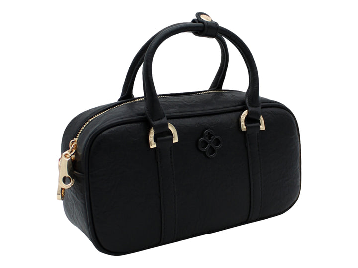 Bolso negro de Jaime Ibiza con asas superiores, correa ajustable y detalles metálicos dorados.